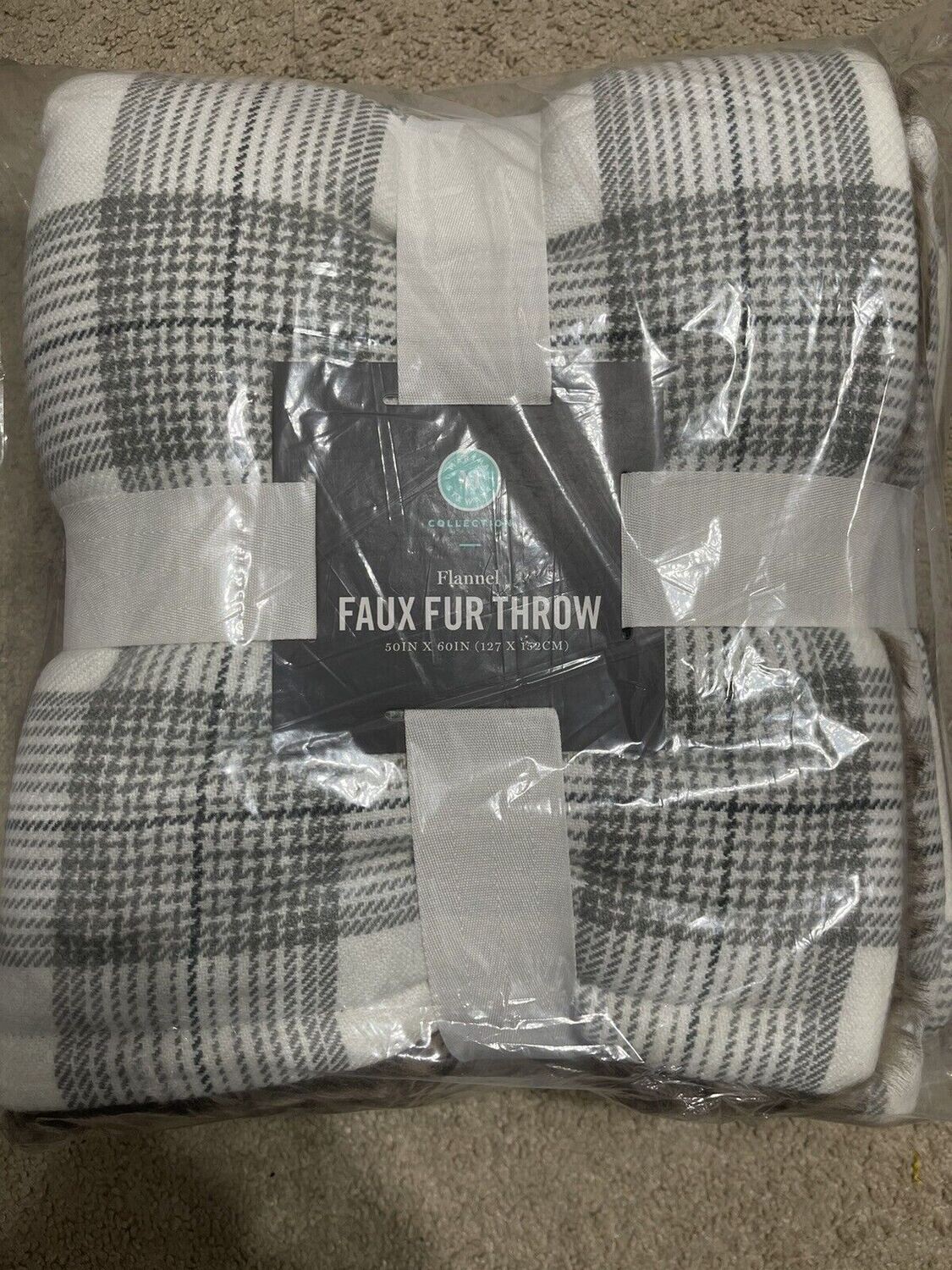 Martha Stewart Collection Plaid Flannel Reverse to Faux Fur Throw, 50 X 60, Ivory