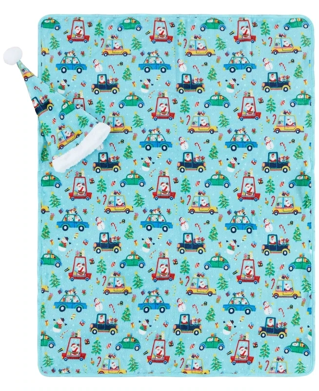Present Delivery Santa Hat and Throw Set, Blue