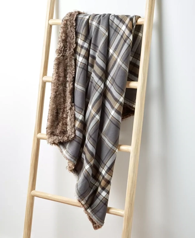 Martha Stewart Collection Plaid Flannel Reverse to Faux Fur Throw, 50&quot; X 60&quot;, Bedding