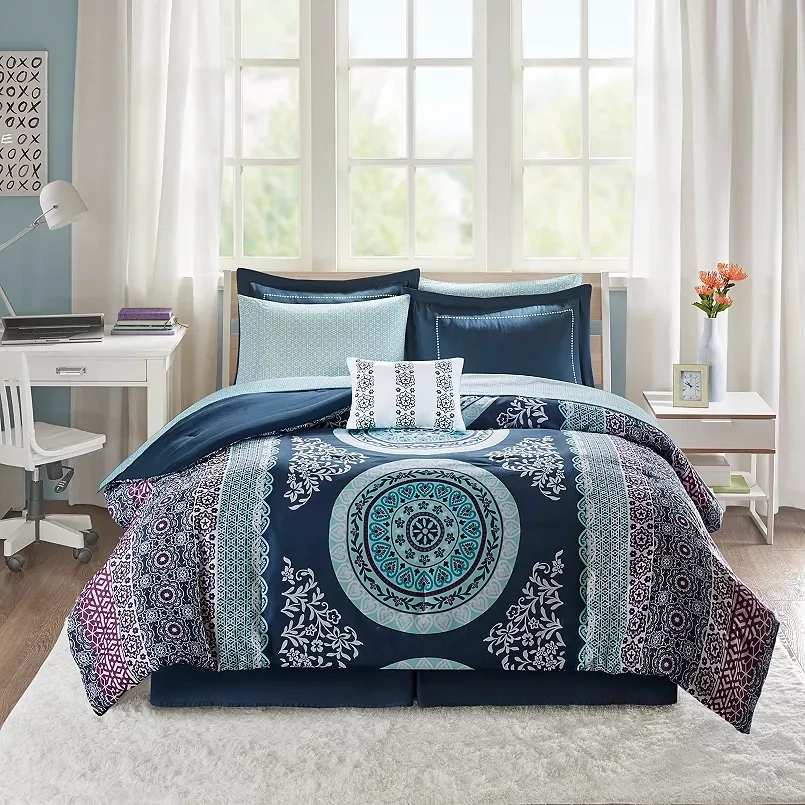 Intelligent Design Eleni 9-Piece Navy Queen Comforter Set with Bed Sheets, Blue
