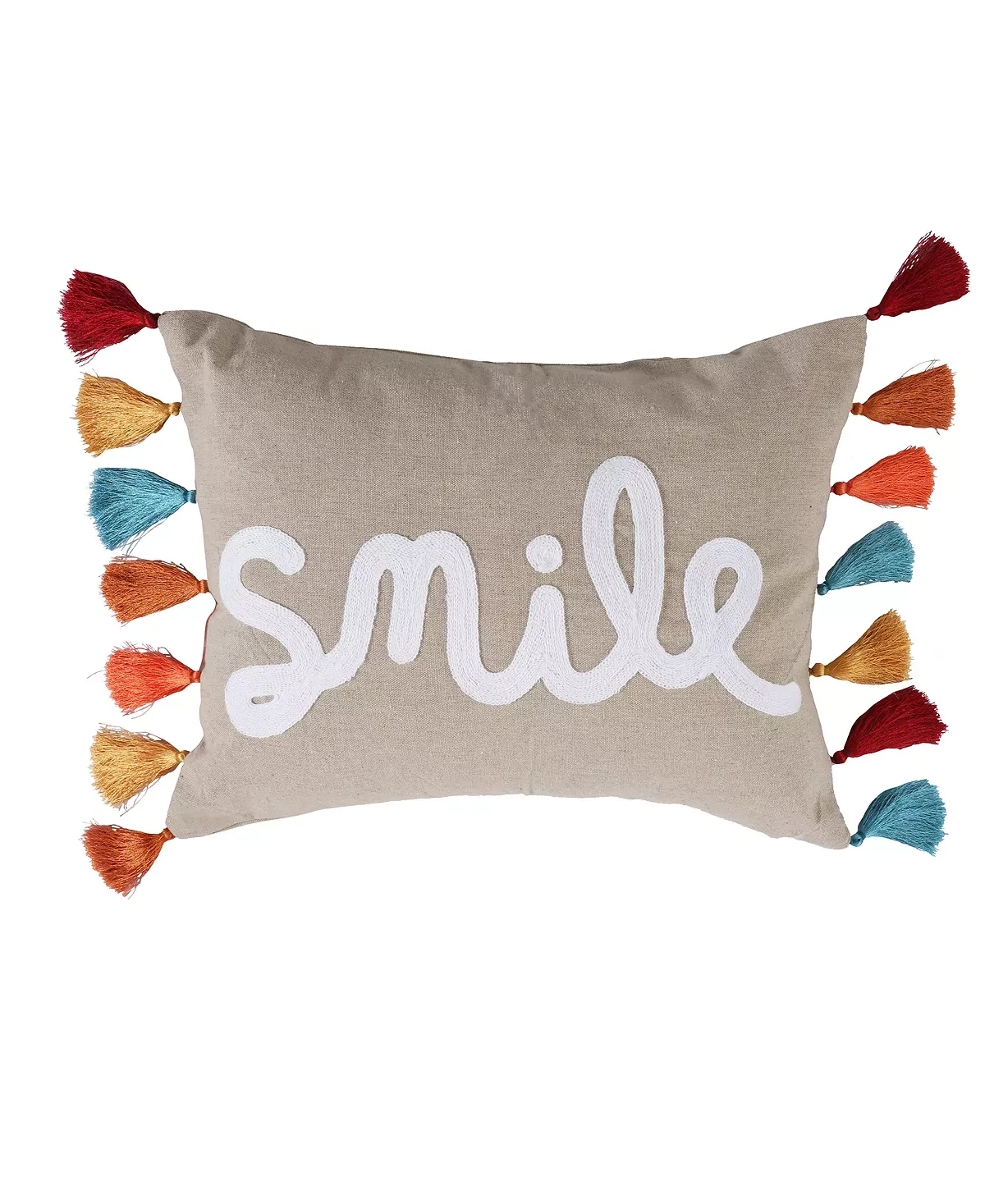 LEVTEX HOME Amelie Beige, White, Multicolored Tassels, Smile Embroidered 14 in. X 18 in. Throw Pillow