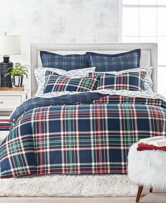Martha Stewart Collection Navy Plaid Holiday Flannel Comforter, Twin, Blue Plaid