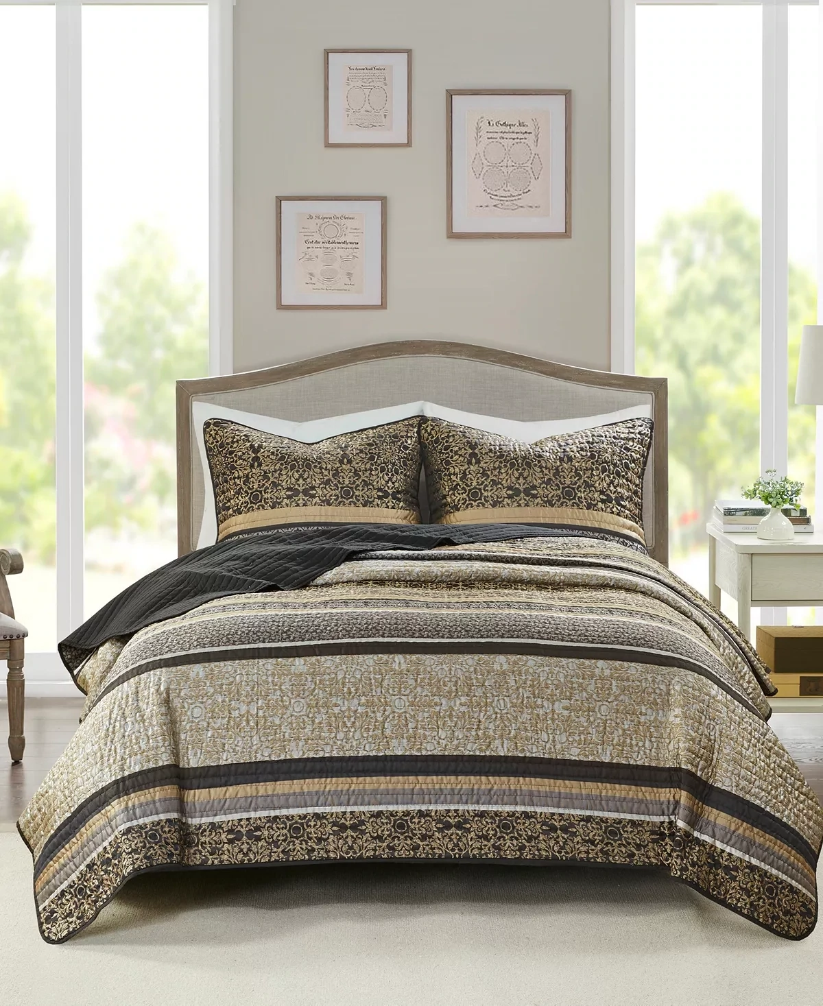 Madison Park Paige Reversible 3-Pc. Quilt Set, Full/Queen - Black and Gold-Tone