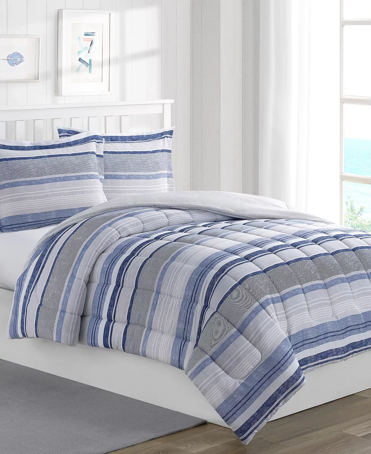 Alex + Bella SLEEPandCO. Chase Stripe Blue 3-Piece Brushed Microfiber Comforter Set-Full, Blue/ Grey