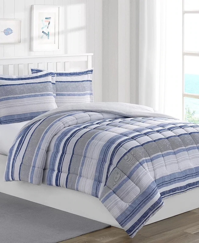 Alex + Bella SLEEPandCO. Chase Stripe Blue 3-Piece Brushed Microfiber Comforter Set-Full, Blue/ Grey