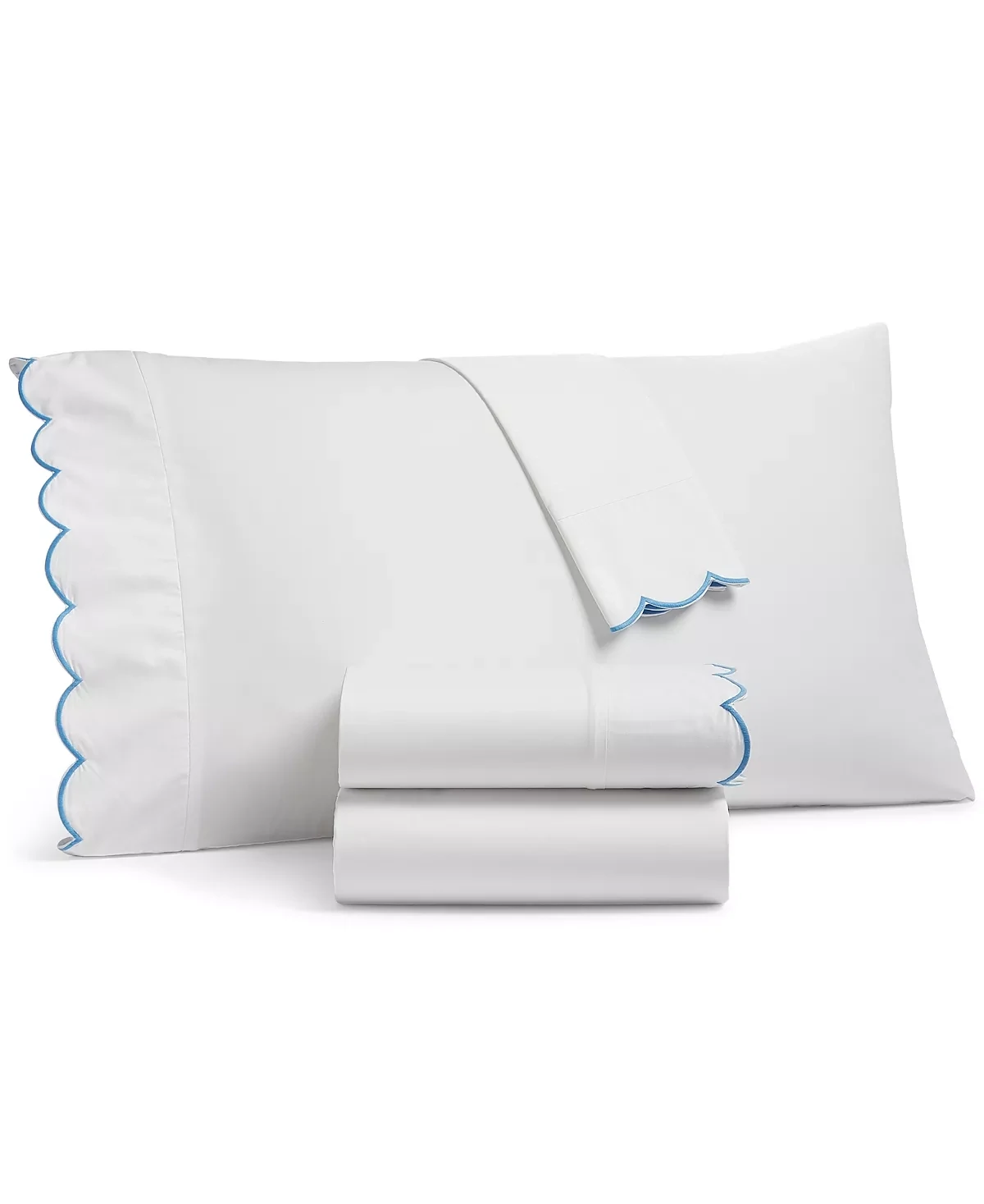 Martha Stewart Collection Scalloped 400 Thread Count 100% Egyptian Cotton Percale 3-Pc. Sheet Set, Twin, Blue