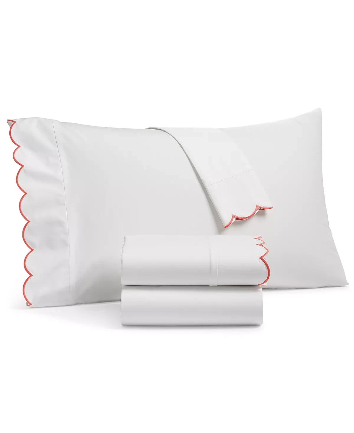 Martha Stewart Collection Scalloped 400 Thread Count 100% Egyptian Cotton Percale 3-Pc. Sheet Set, Twin, Coral