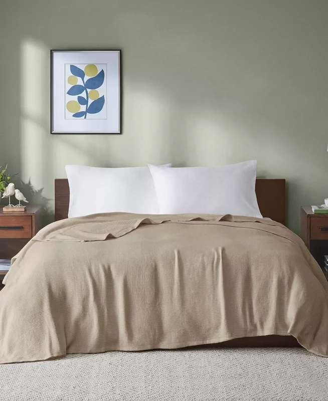 Madison Park Freshspun Basketweave Cotton Blanket, King Bedding, Khaki
