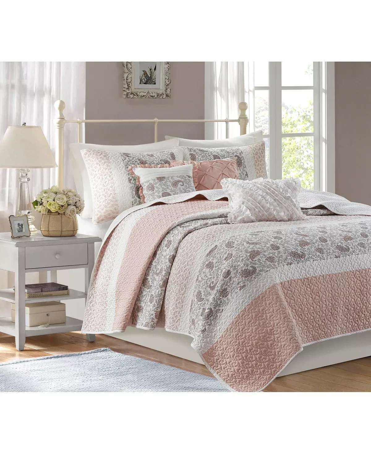 Madison Park 6pc King/California King Reversible Stella Cotton Percale with Throw Pillows Quilt Bedding Set Blush