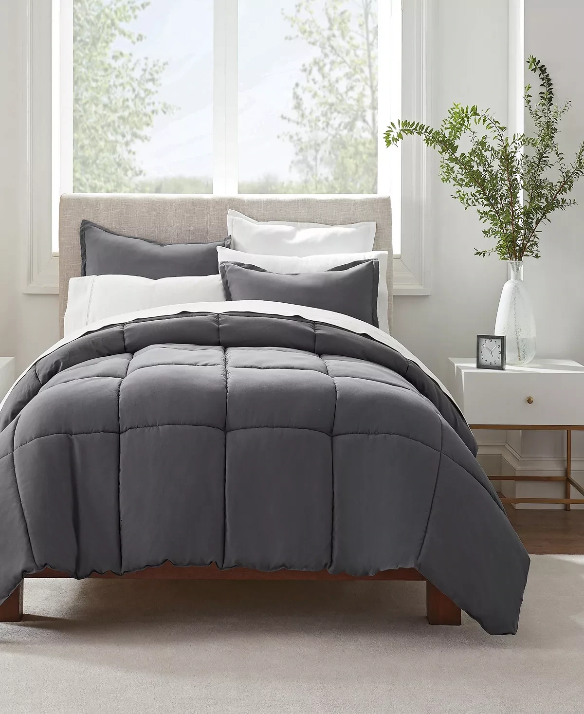 Serta Simply Clean 3-Piece Grey Solid Microfiber Full/Queen Comforter Set