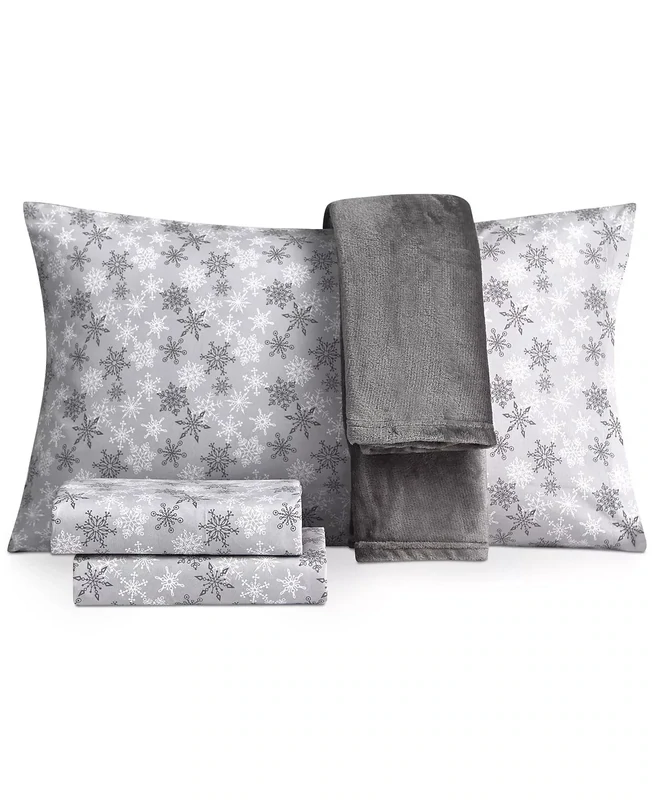 Jessica Sanders Holiday Microfiber 4-Pc. Twin Sheet Set and Throw Bundle, Snowflakes/Grey