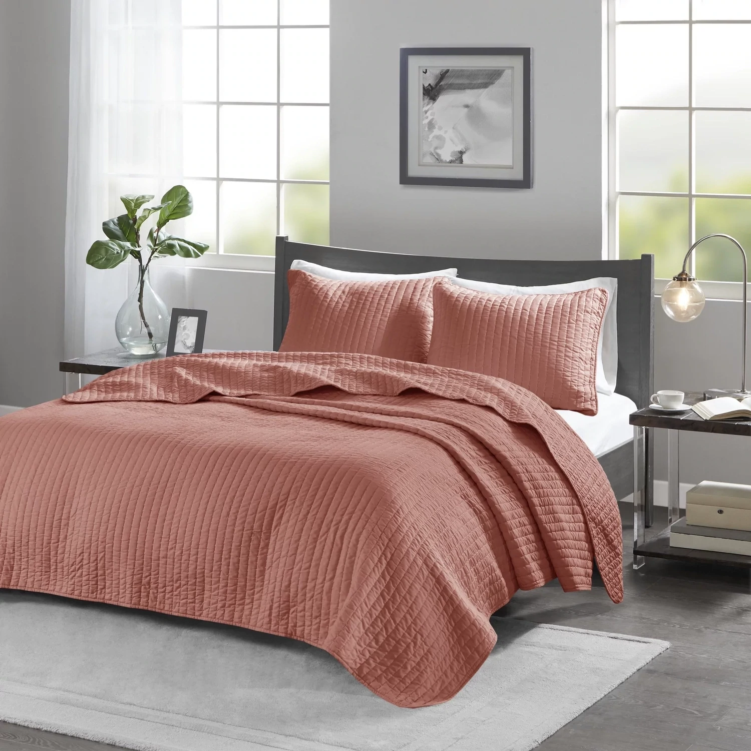MADISON PARK Keaton Quilted 3-Pc. Quilt Set, Full/Queen, Coral