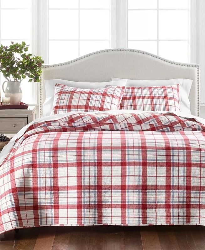 Martha Stewart Collection Windowpane Yarn-Dye Flannel Quilt, King, Red