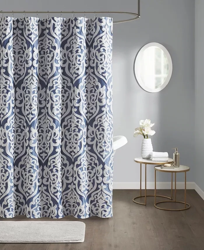 Madison Park Odette Jacquard Shower Curtain, 72" x 72" Bedding - Navy/Silver