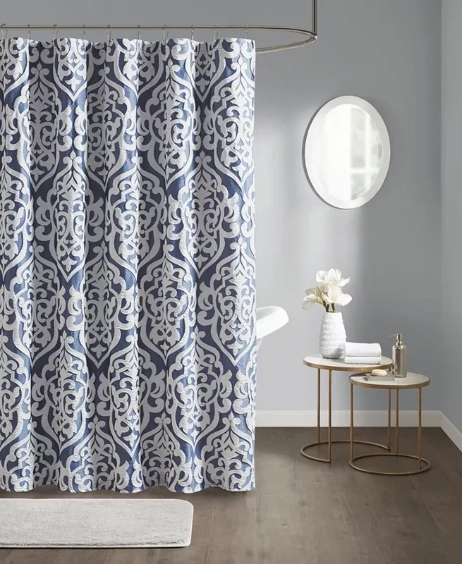 Madison Park Odette Jacquard Shower Curtain, 72&quot; x 72&quot; Bedding - Navy/Silver