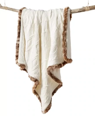 Martha Stewart Collection Sweater Knit Faux Fur Trim Throw, 50" X 60", Ivory