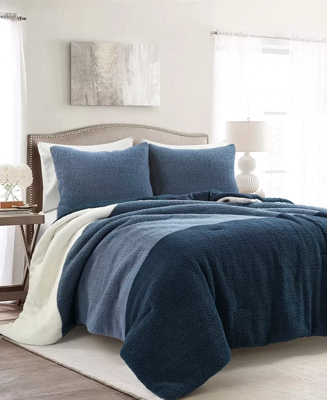 The Mountain Home Collection Farmhouse Sherpa Full/Queen 3PC Comforter Set - Blue/Navy