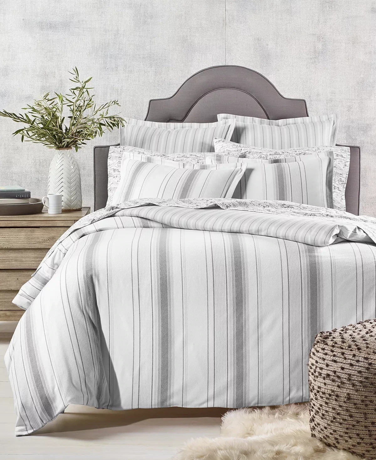 Martha Stewart Collection Scandi Stripe Flannel Comforter, Full/Queen, Grey Stripe