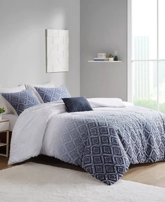 Intelligent Design Ava Ombre Printed Clipped Jacquard Duvet Cover Set in Navy (Twin/Twin XL) - Olliix