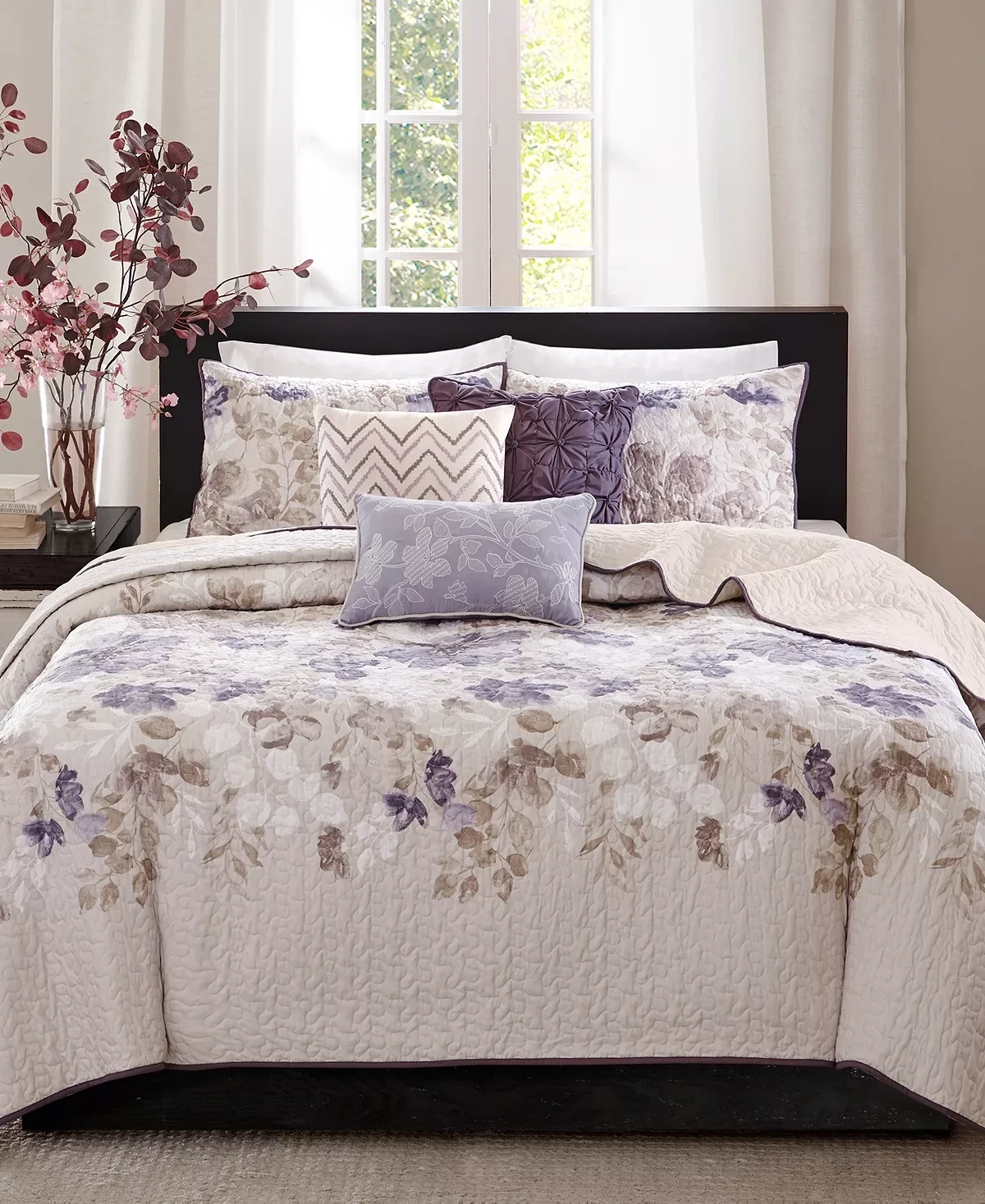 Willow Watercolor Floral Quilted Coverlet Set (King/California King) Taupe - 6pc