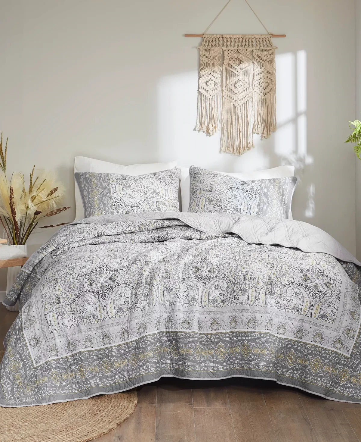Madison Park Gaia Reversible Antimicrobial Cotton Coverlet Set with Shams, Grey, King