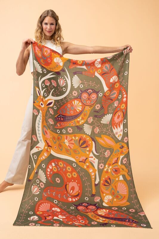 Powder Printed Scarf - Folk Art Forest