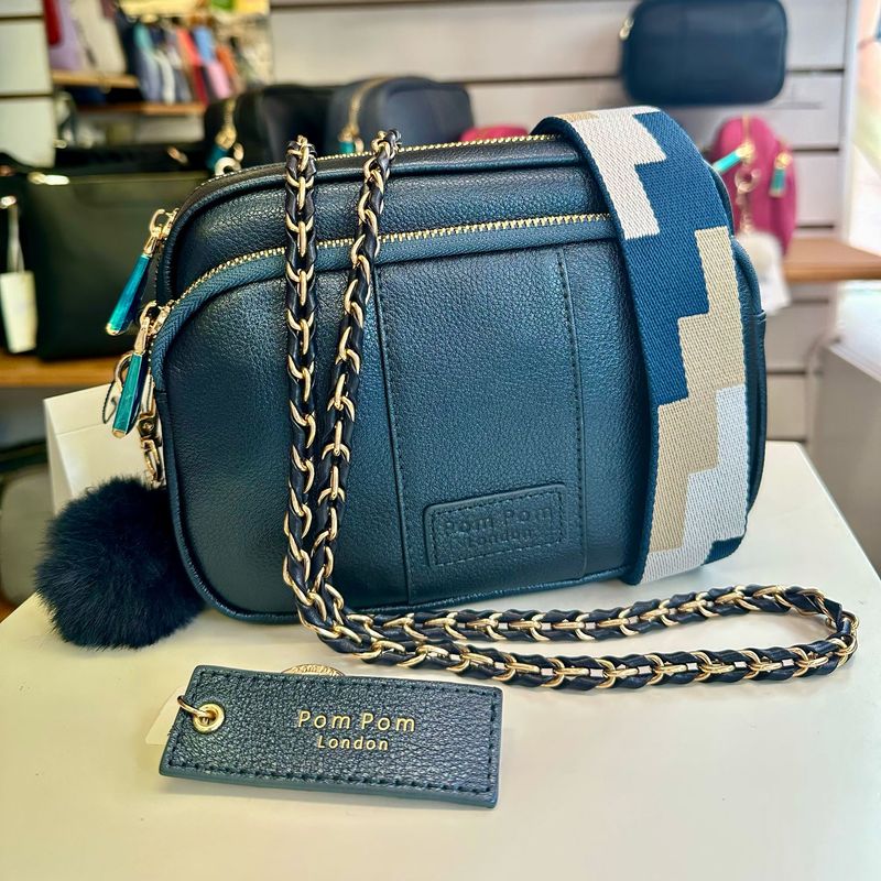 Pom Pom London Original in Sapphire Blue Tenth with Gold Chain Navy Weave and Navy and Stone Geometric Straps