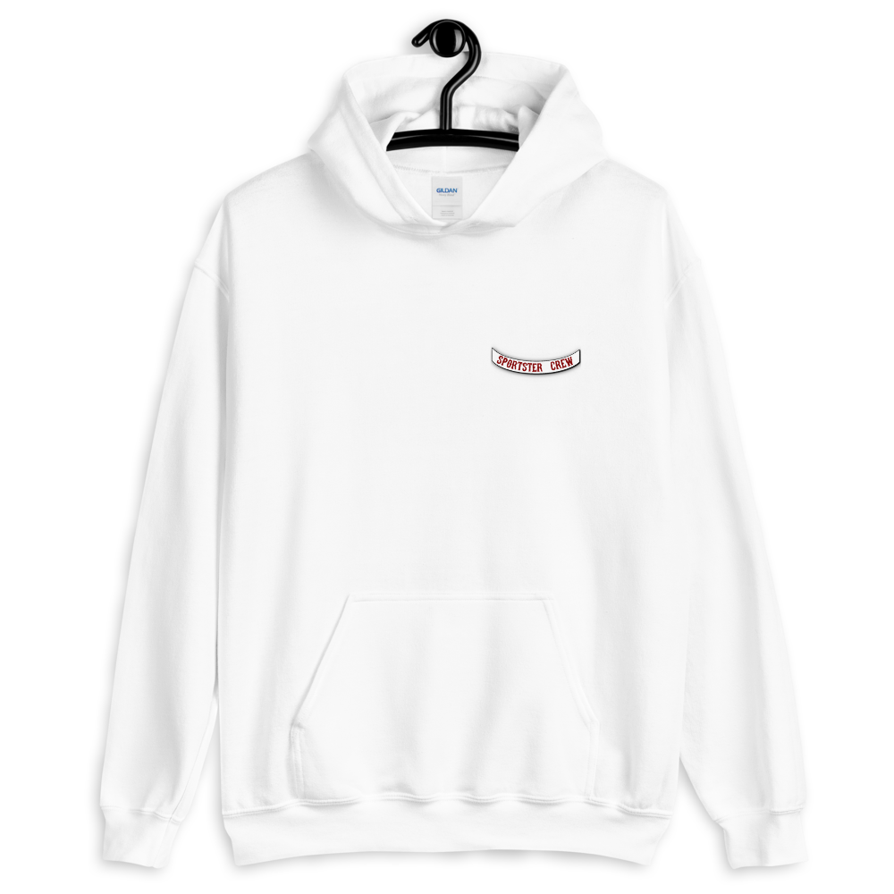 Sportster Crew Pullover Hoodie (Rocker on front, Logo on back), Color: White, Size: L