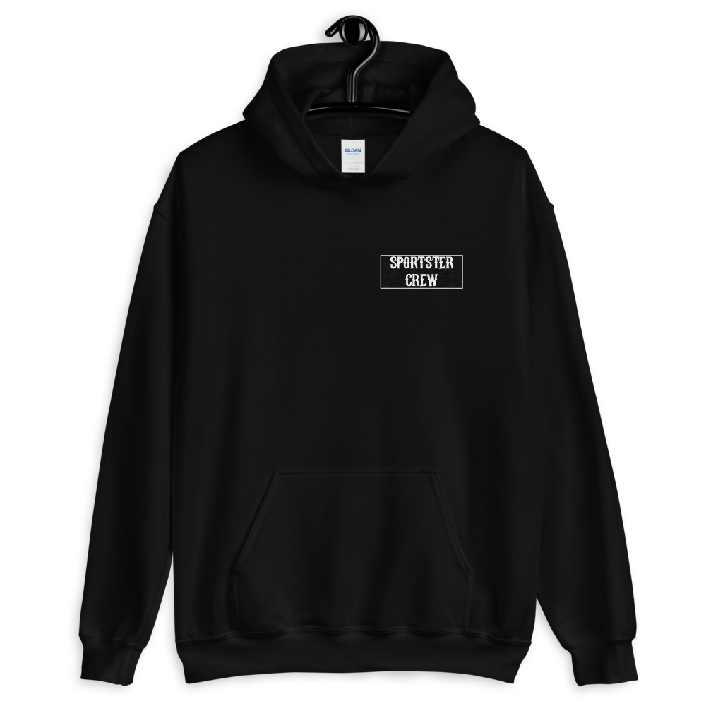 Sportster Crew Pullover Hoodie (Patch on front, Evo logo on back), Color: Black, Size: L