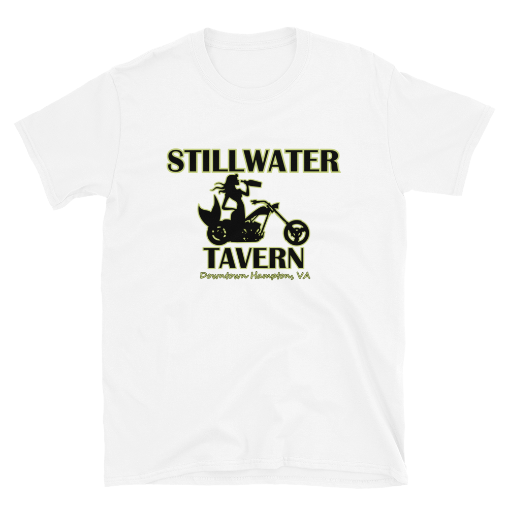 Stillwater Tavern Mermaid on Bike Logo Short-Sleeve Unisex T-Shirt, Color: White, Size: S