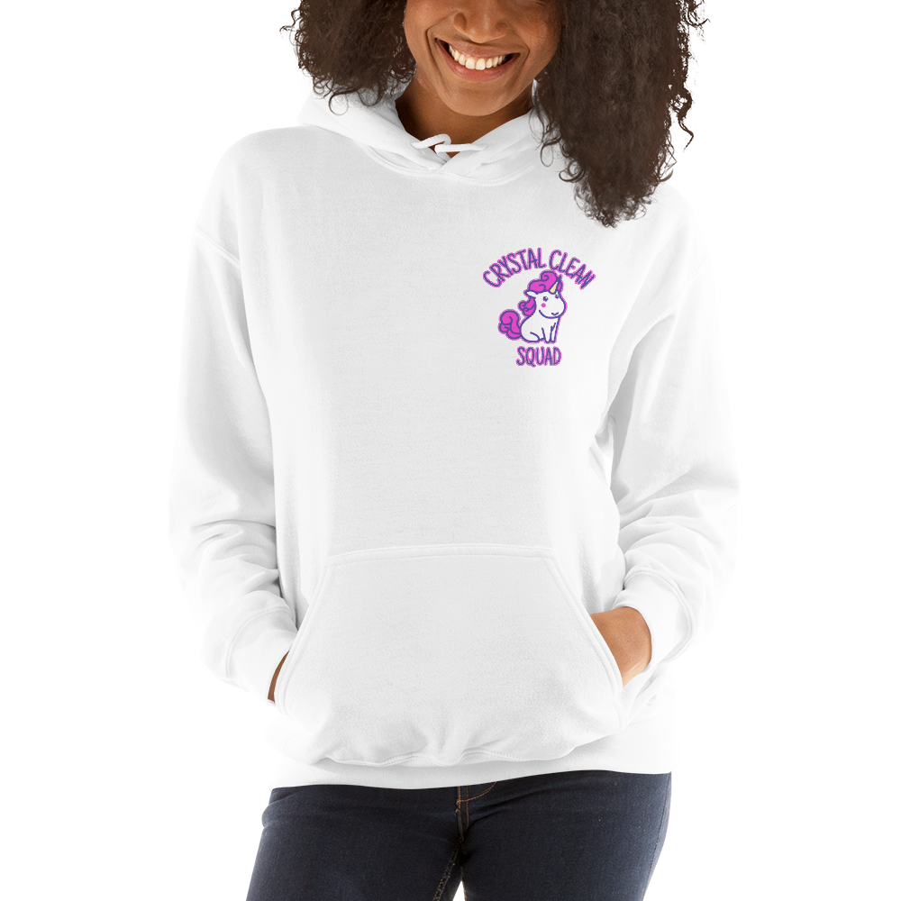 Crystal Clean Hoodie - Unicorn on front, Text on back, Color: White, Size: S