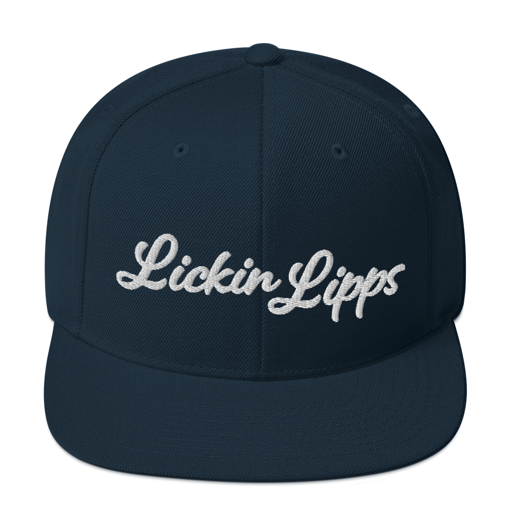 Licking Lipps White Embroidery Snapback Hat, Color: Dark Navy