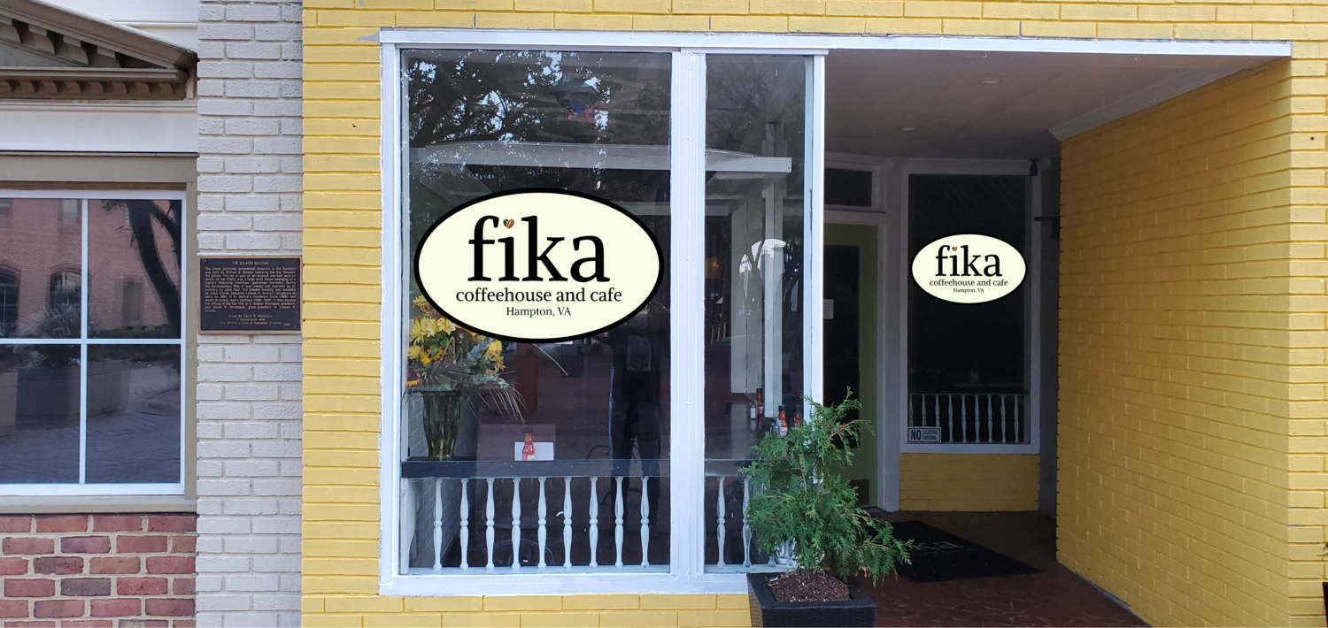 Fika Coffehouse Window Graphic Concepts, Design Option: Option 1 Front - Solid white oval, black border w/ black text
