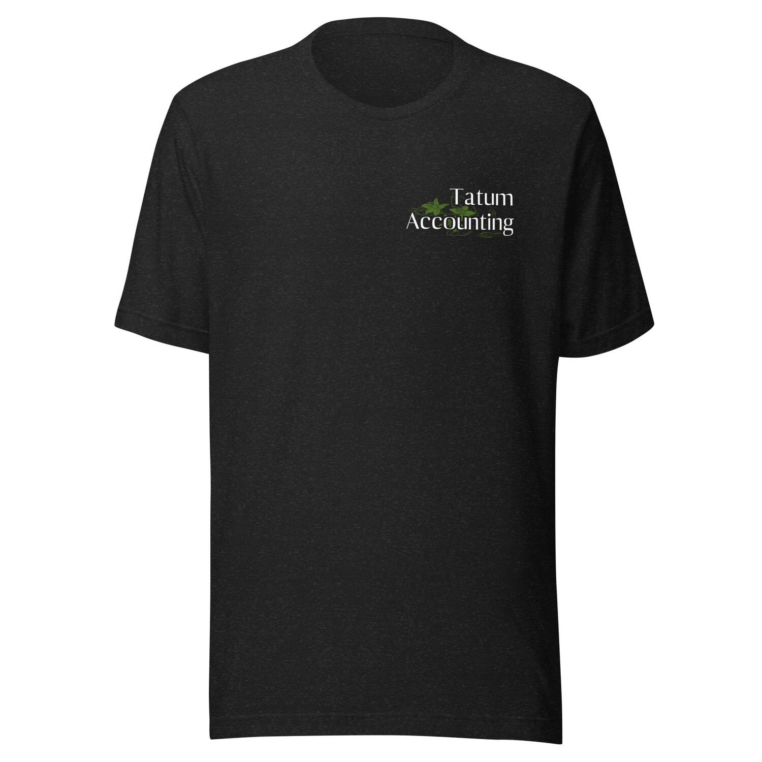 Tatum Accounting Front and Back Art T-Shirt - Bella Canvas 3001, Color: Black Heather, Size: XS