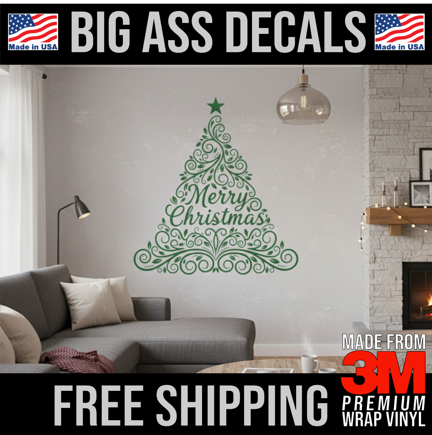 Christmas Tree - Merry Christmas Happy Holidays - Premium Oversized Vinyl Decal