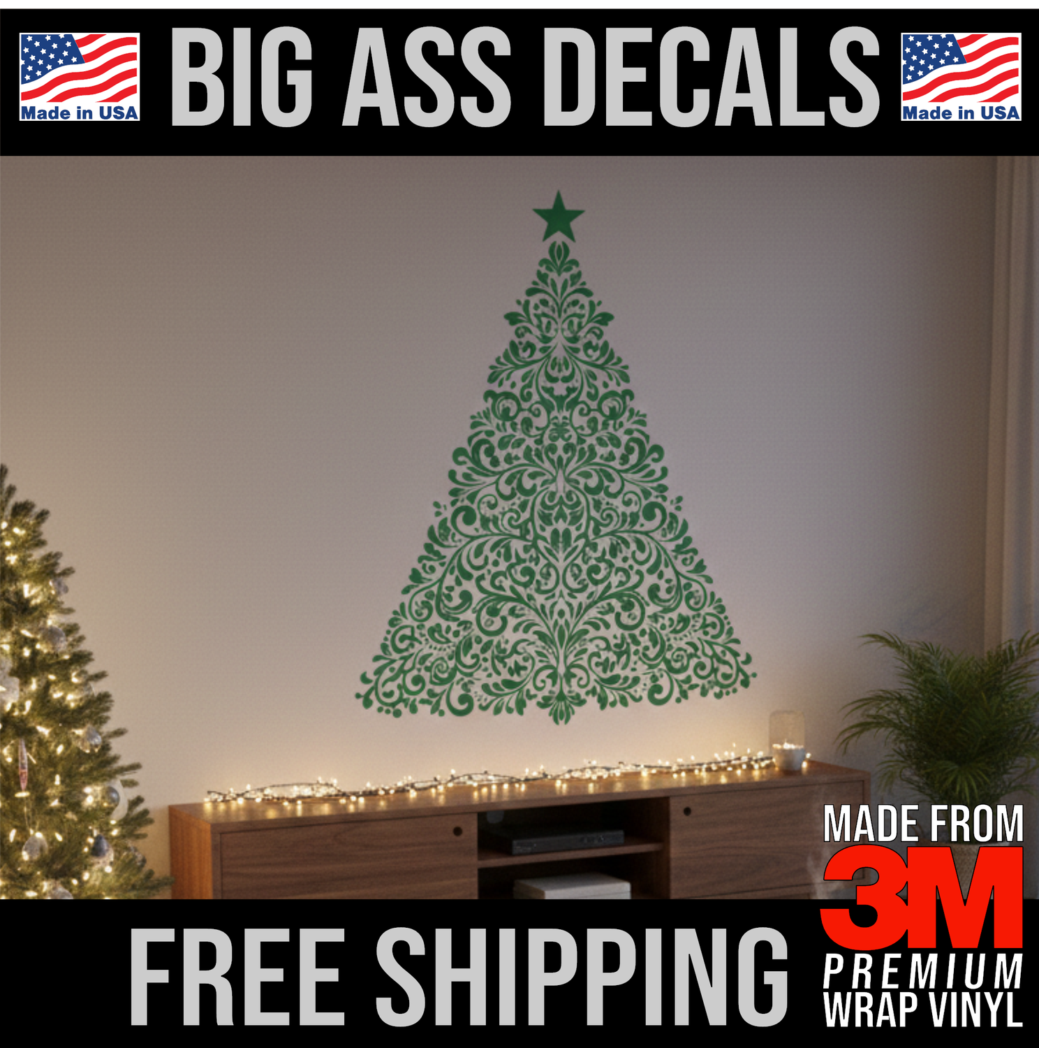 Christmas Tree - Merry Christmas Happy Holidays - Premium Oversized Vinyl Decal