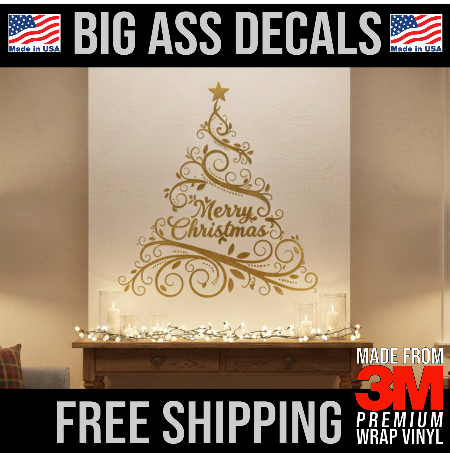 Christmas Tree - Merry Christmas Happy Holidays - Premium Oversized Vinyl Decal