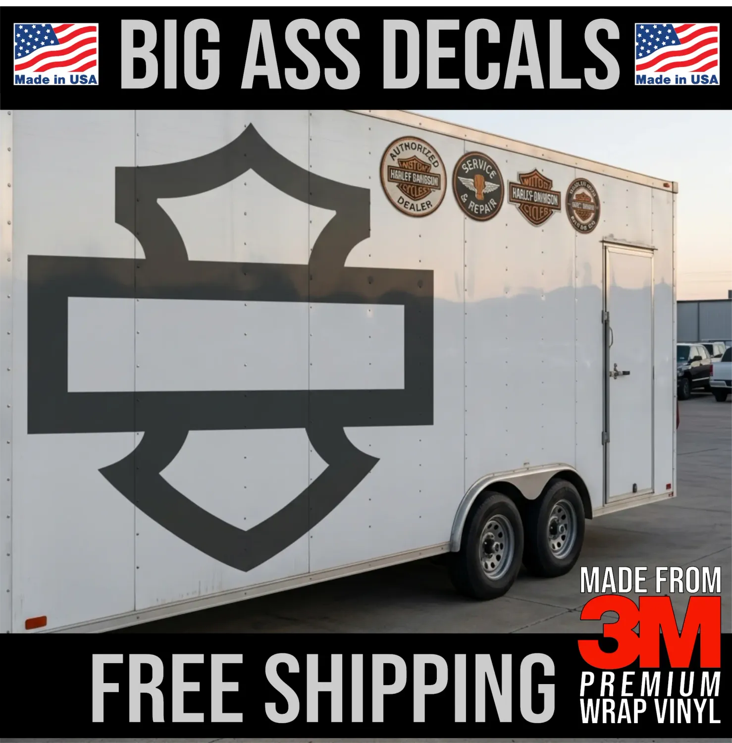 Giant Harley-Davidson open shield outline logo sticker on the side of a white enclosed hauler trailer