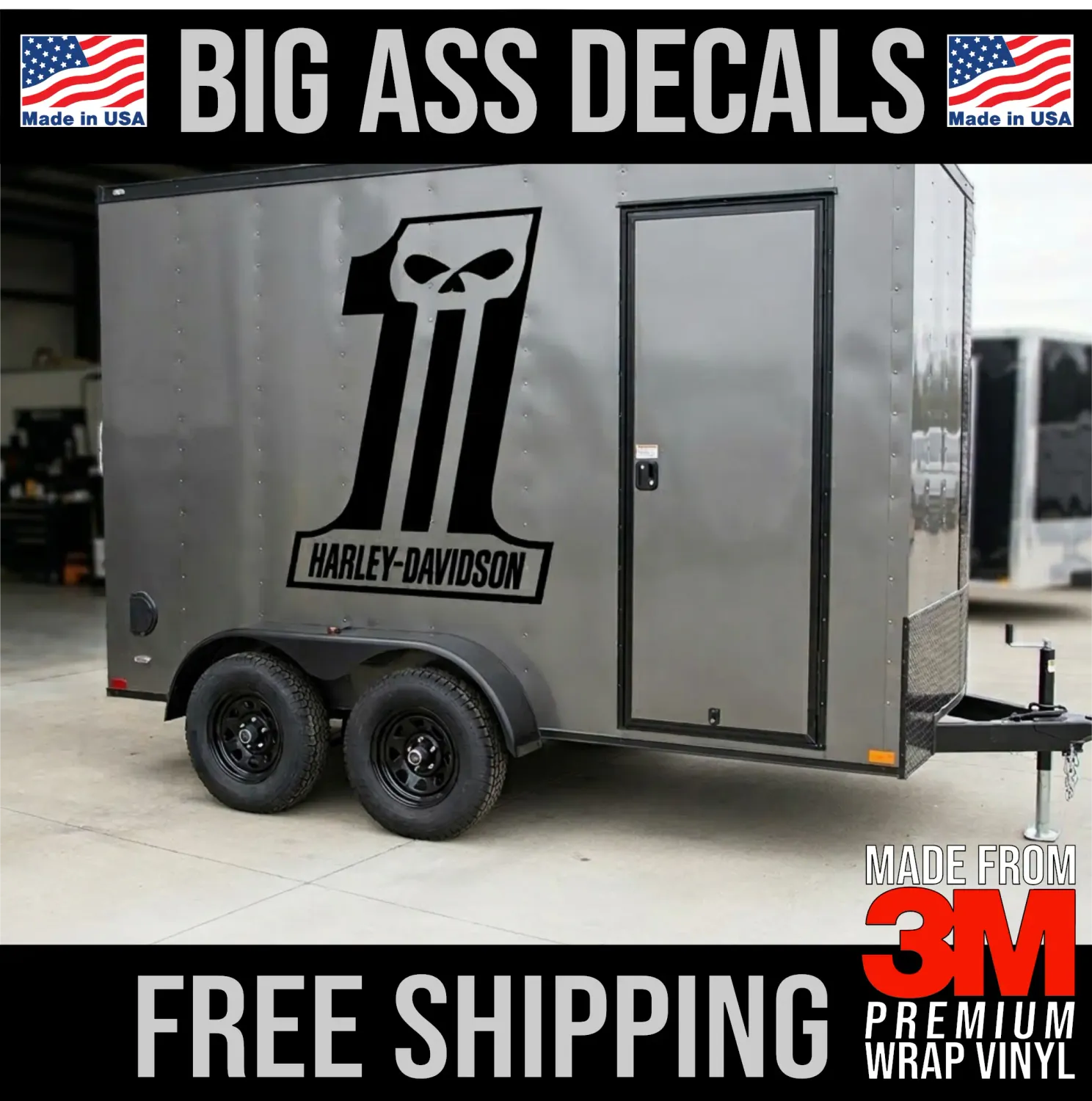 Large black Harley-Davidson Number 1 Skull vinyl decal applied to the side of a silver enclosed motorcycle trailer.