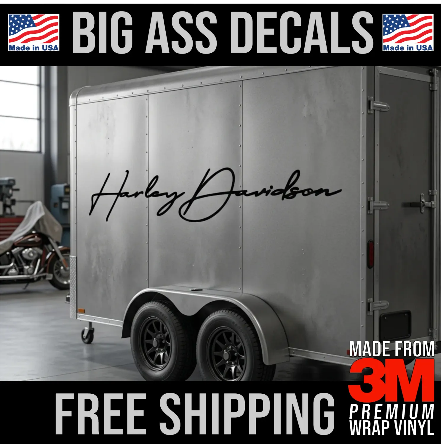 Large Harley-Davidson script logo vinyl sticker applied to a silver enclosed trailer side