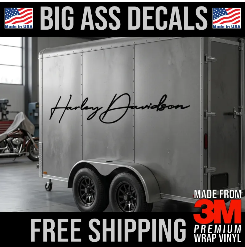 Large Harley-Davidson script logo vinyl sticker applied to a silver enclosed trailer side
