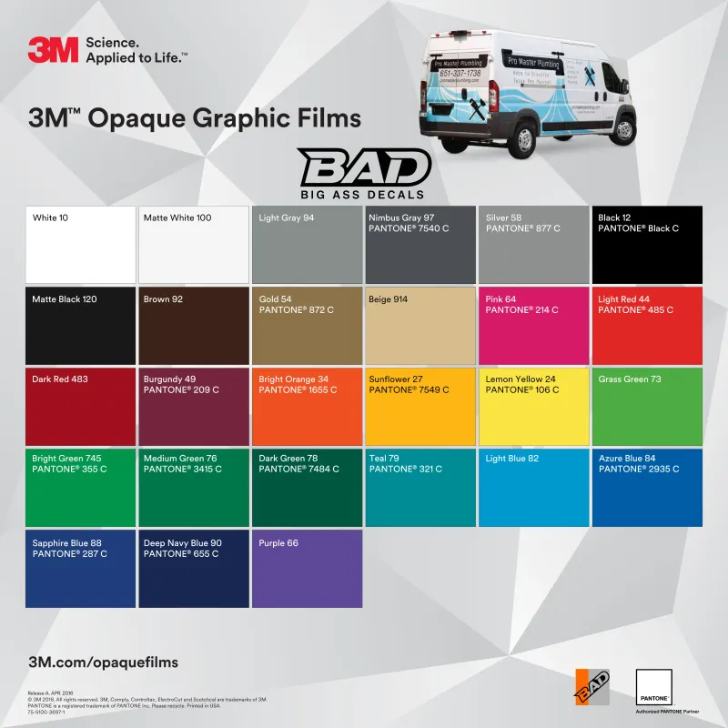 3M Opaque Graphic Film vinyl color chart with Pantone color matching for custom decals and vehicle wraps