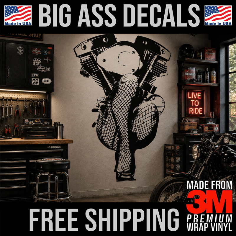Large Harley motorcycle fishnet legs wall tattoo installed on a garage wall beside a motorcycle