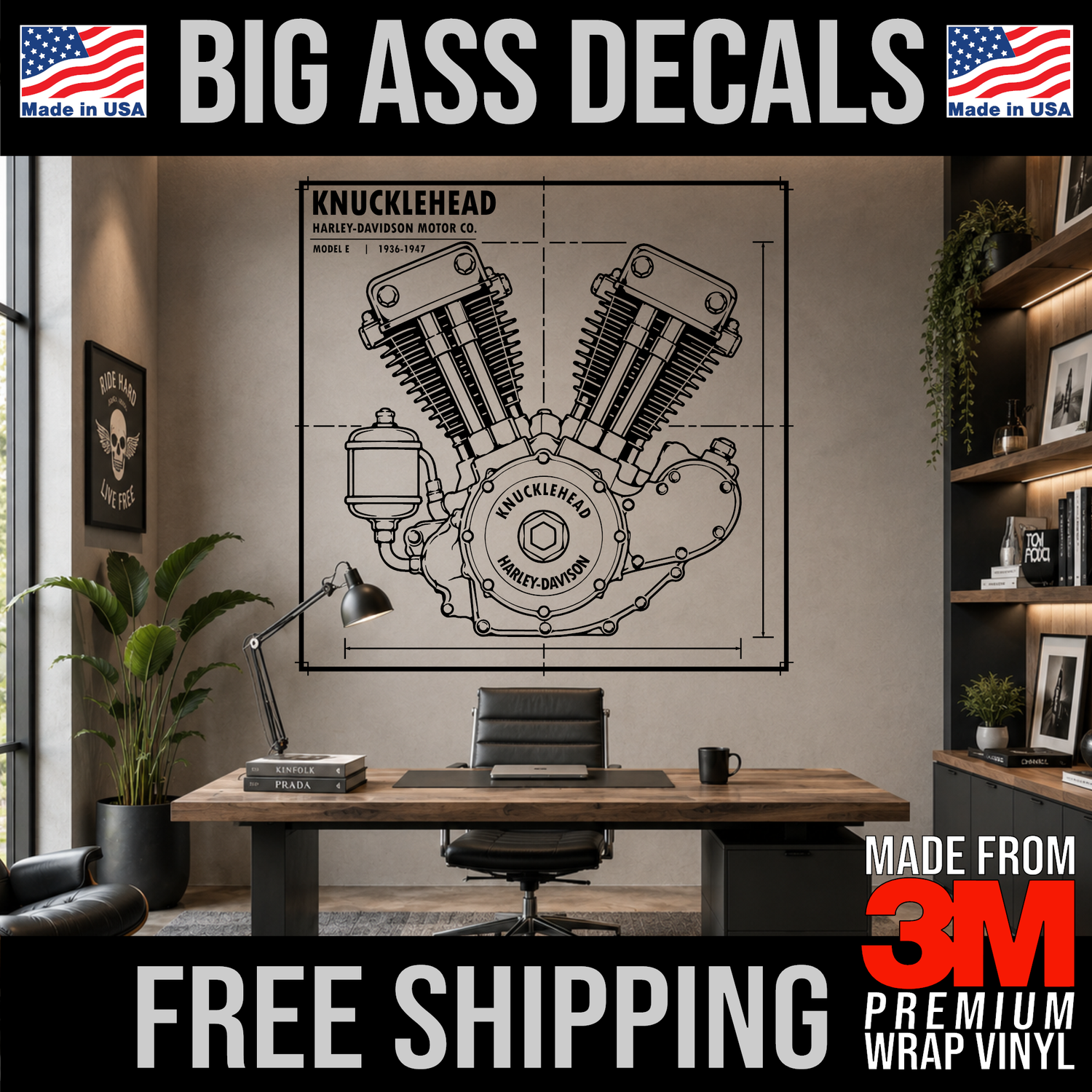 Harley-Davidson Knucklehead engine blueprint vinyl wall decal with detailed technical drawings and vintage styling.