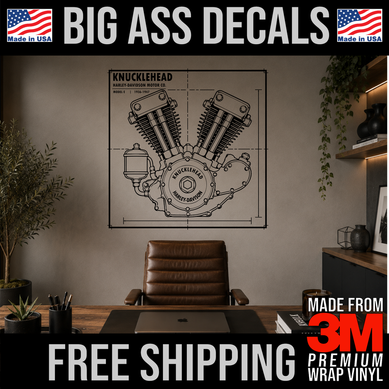 Harley Knucklehead engine blueprint vinyl decal featuring detailed mechanical drawings for motorcycle enthusiasts.