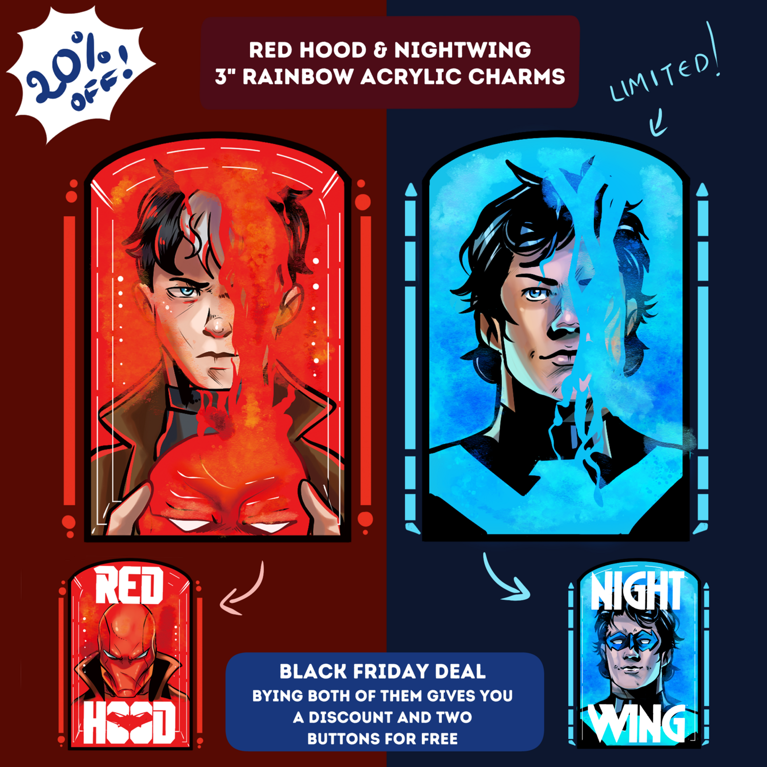 (20% OFF) RED HOOD &amp; NIGHWING 3&quot; Rainbow Acrylic charms