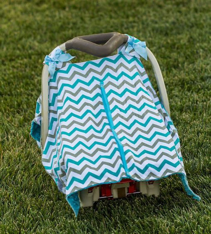 Blue Grey Chevron Minky Car Seat Canopy | Snap Opening | Universal Blue Grey Chevron Minky Car Seat Canopy | Snap Opening | Universal
