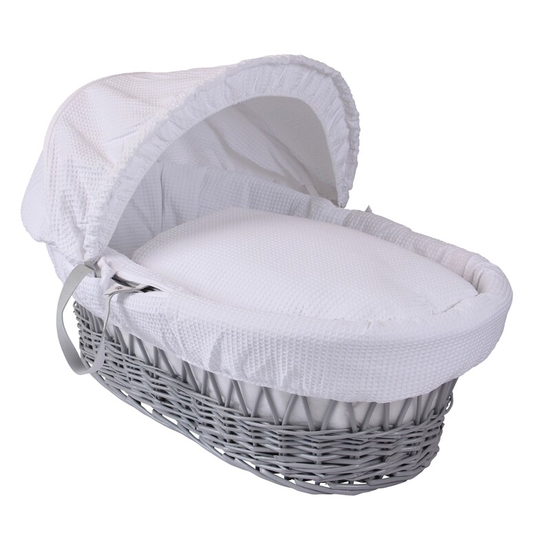White Waffle Moses Basket and Stand - Grey Wicker