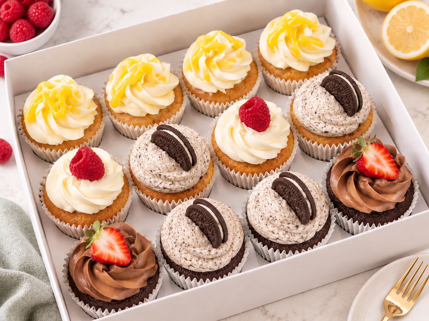 Box of 12 Cupcakes Box of 12 assorted cupcakes with Swiss meringue buttercream