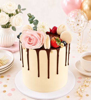 Floral birthday cake decorated with fresh berries, flowers and almond macarons